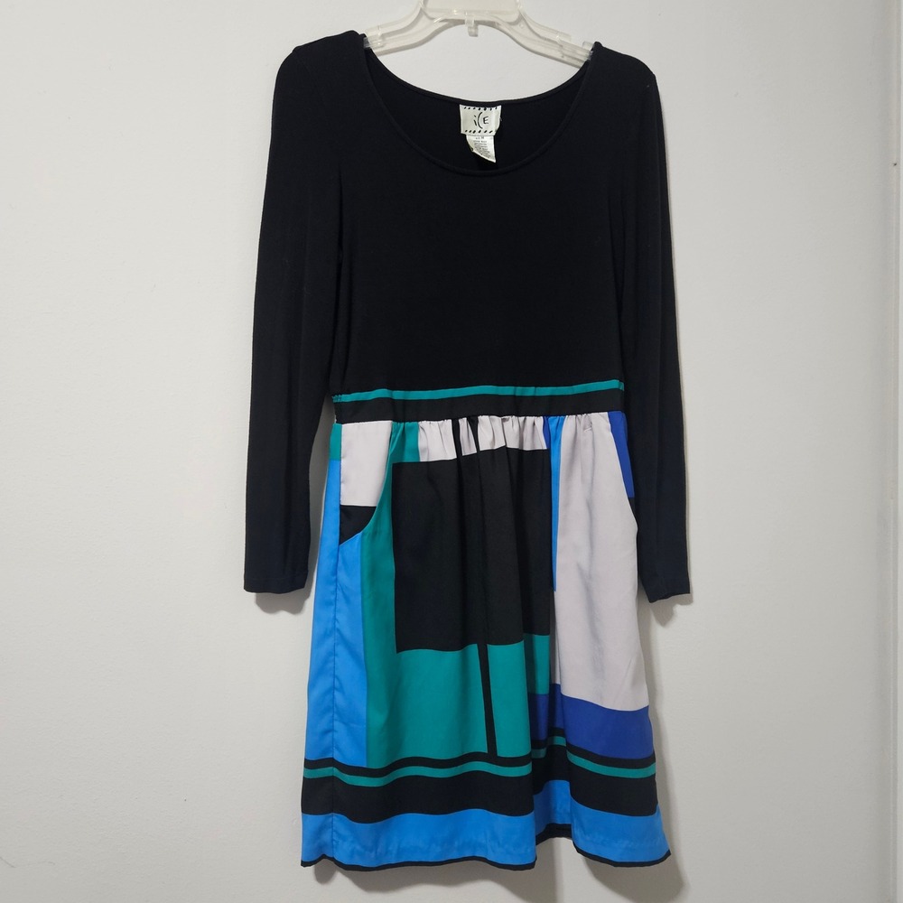 ICE Women Black Geometric Colorblock Long Sleeve Mini Dress Size M Pockets‎